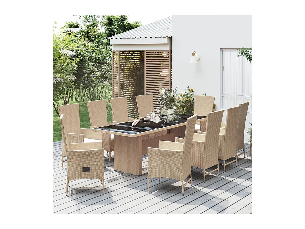 Ensemble à manger de jardin et coussins 11 pcs beige poly rotin
