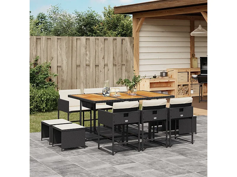 11 pcs conjunto de jantar p/ jardim c/ almofadões vime PE preto