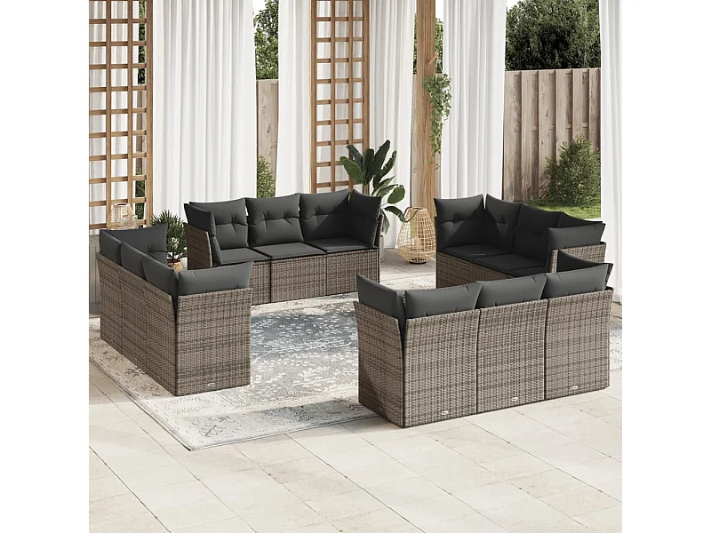 Salon de jardin avec coussins 12 pcs gris résine tressée