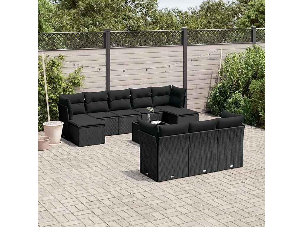 Set Divani da Giardino 11 pz con Cuscini in Polyrattan Nero