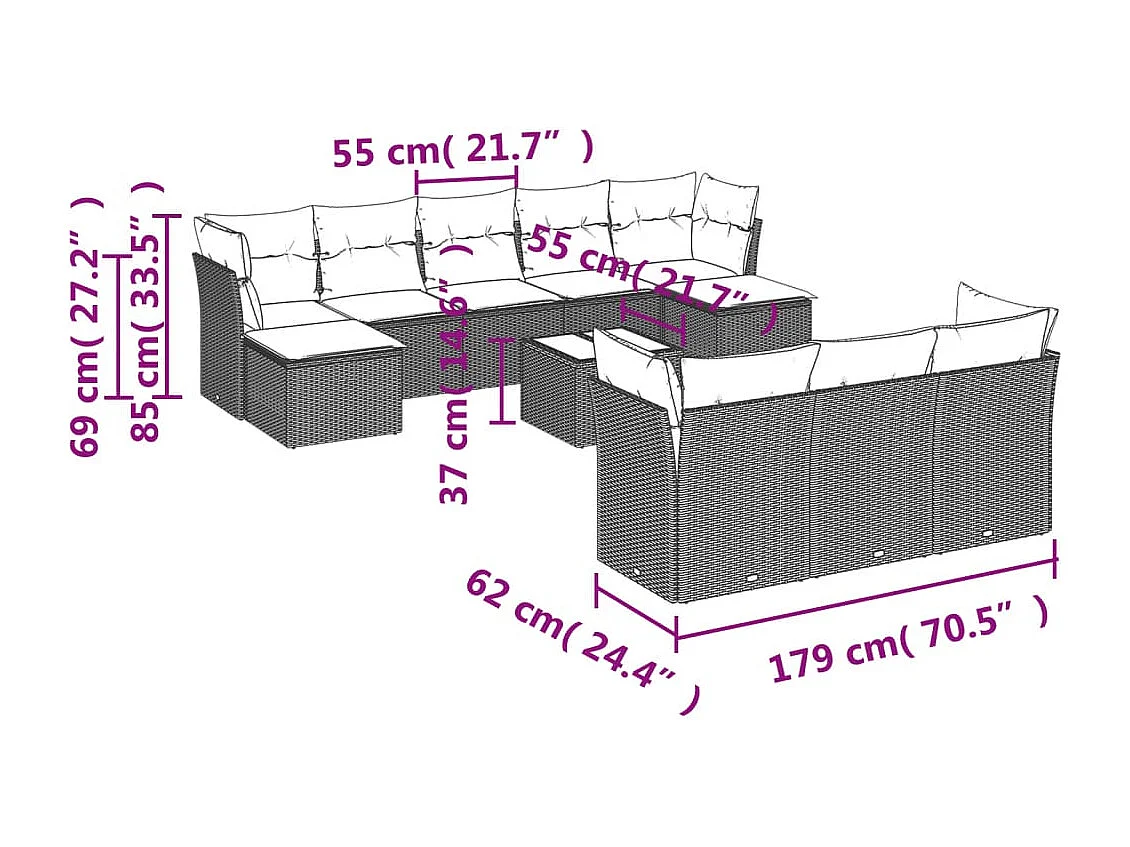 Set Divani da Giardino 11 pz con Cuscini in Polyrattan Nero
