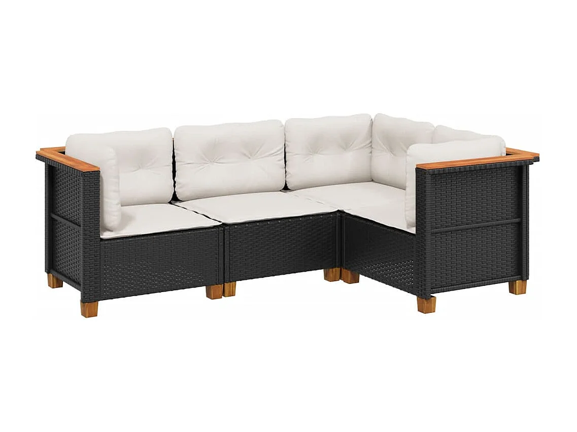 4-delige Loungeset met kussens poly rattan zwart