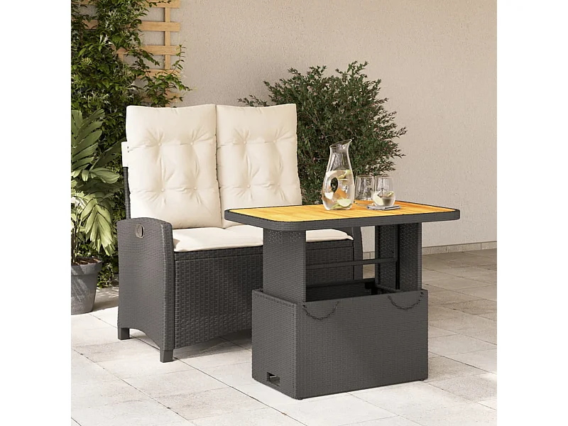 2 pcs conjunto de jantar p/ jardim c/ almofadões vime PE preto