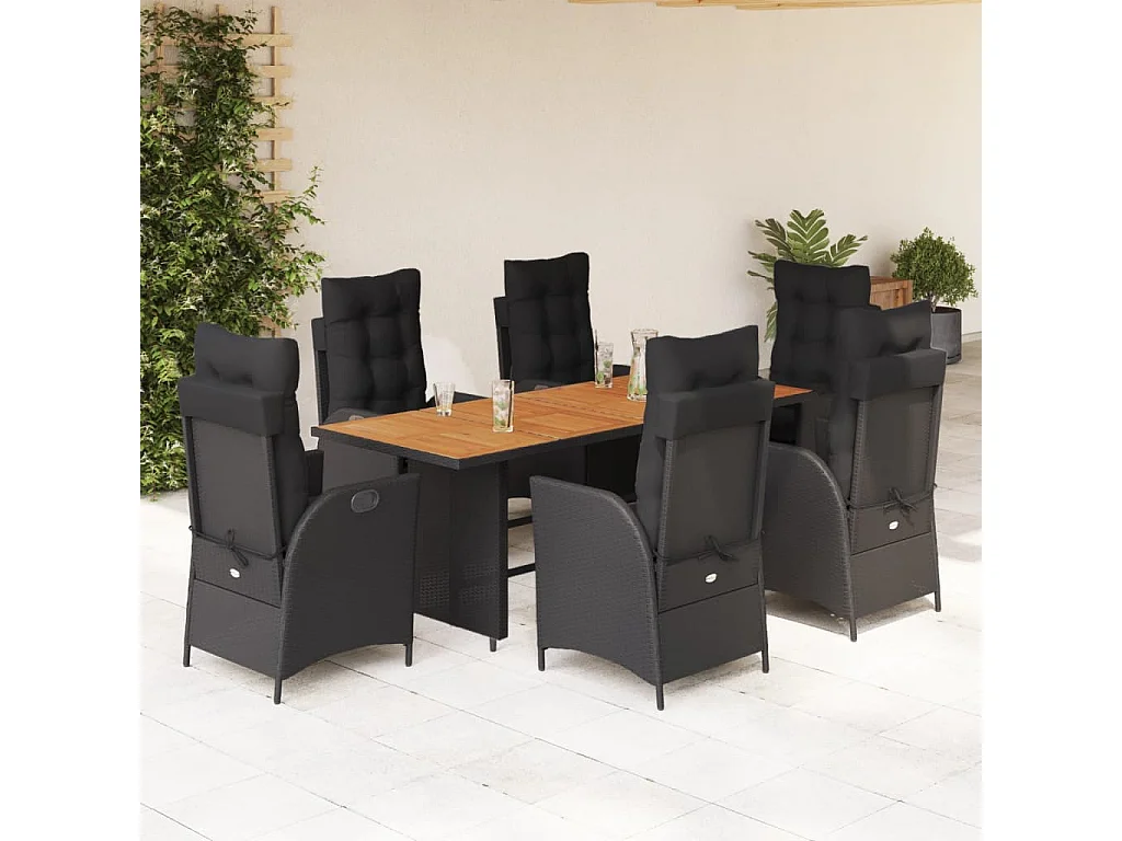 Ensemble à manger de jardin coussins 7pcs Noir Résine tressée