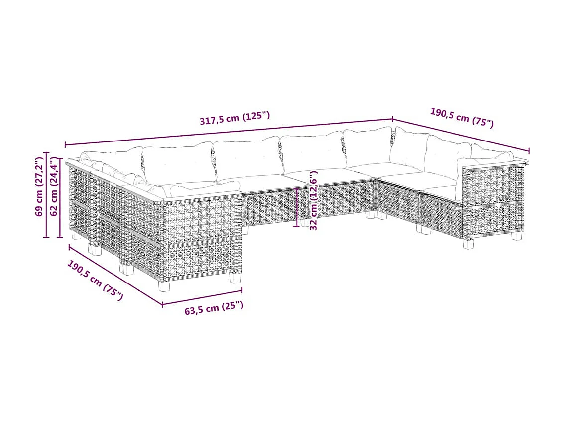 Set Divani da Giardino 9 pz con Cuscini Nero in Polyrattan