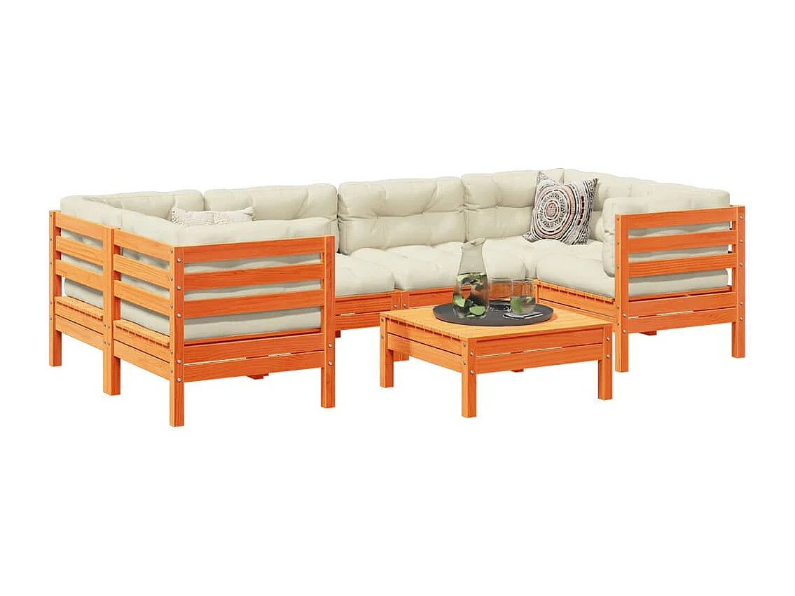 Set Divani Giardino 7 pz con Cuscini Marrone Cera Massello Pino