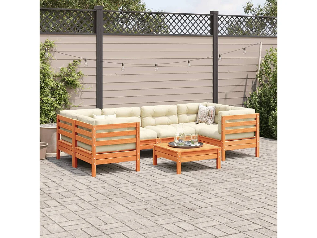 Set Divani Giardino 7 pz con Cuscini Marrone Cera Massello Pino