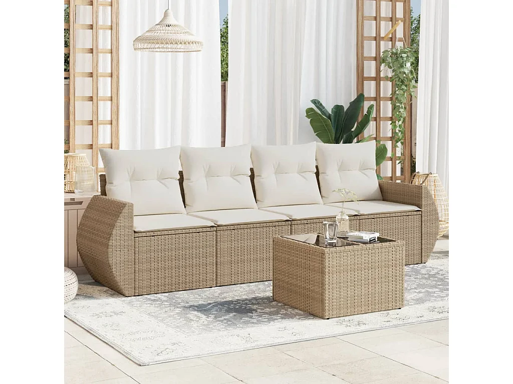 Salon de jardin avec coussins 5 pcs beige résine tressée