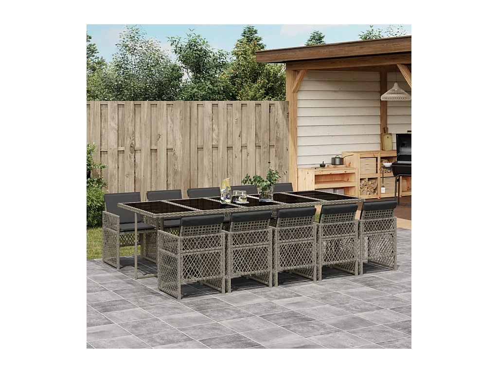 Ensemble à manger de jardin 11pcs avec coussins gris poly rotin