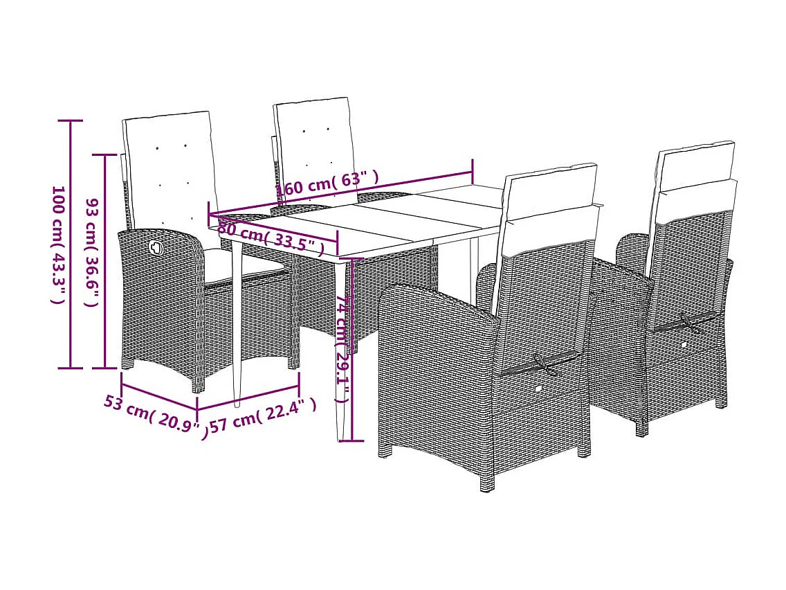 Ensemble à manger de jardin 5 pcs et coussins marron poly rotin