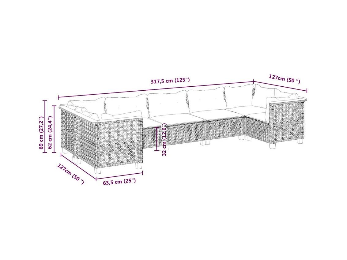 Salon de jardin avec coussins 7 pcs gris résine tressée