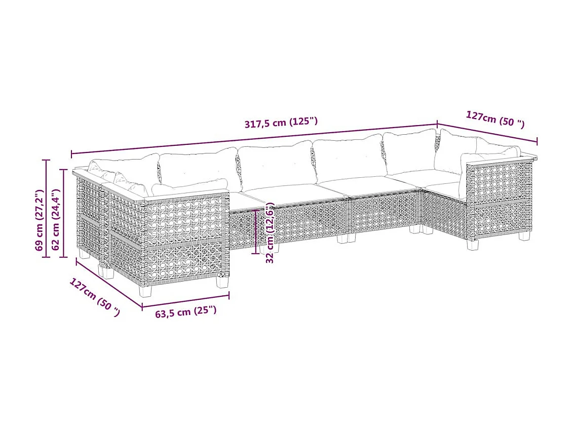 Salon de jardin avec coussins 7 pcs gris résine tressée