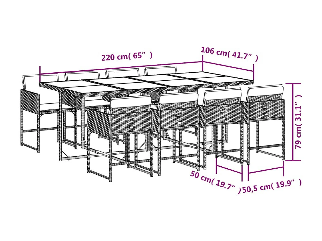 Set da Pranzo da Giardino 9 pz con Cuscini in Polyrattan Grigio