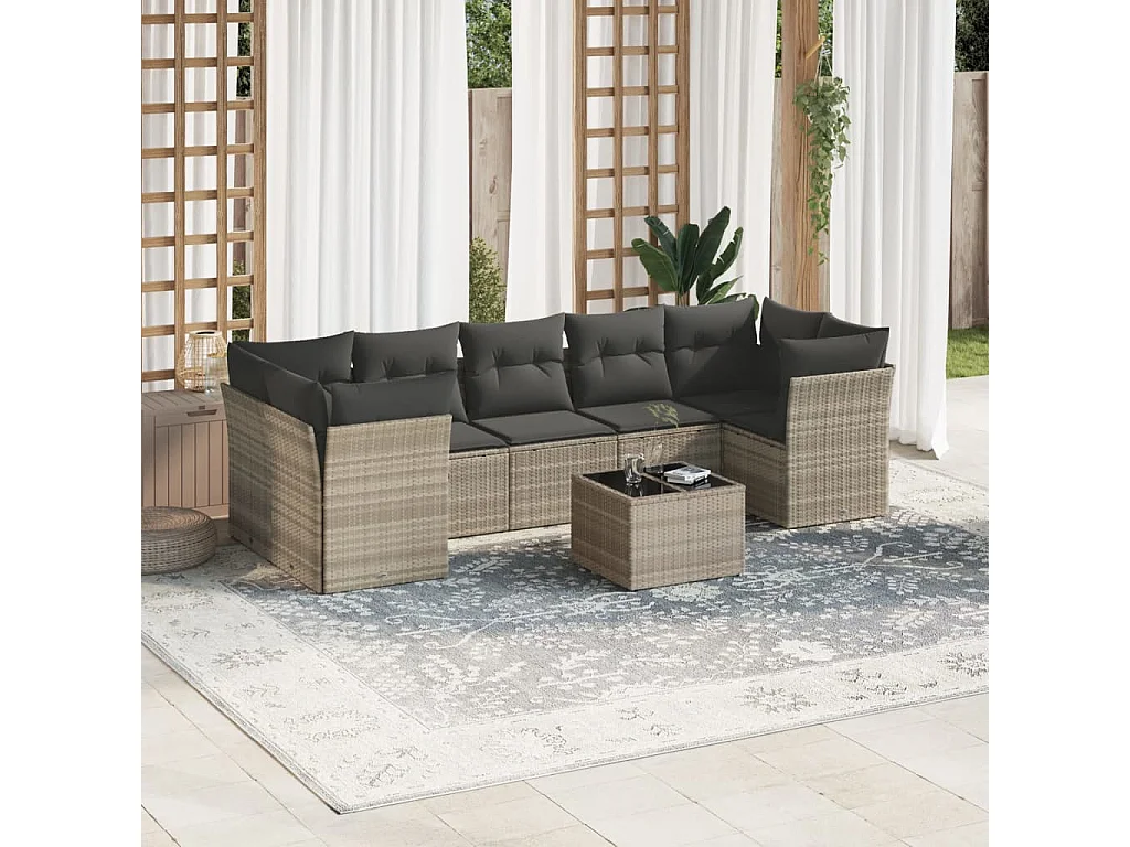 Salon de jardin 8 pcs avec coussins gris clair résine tressée