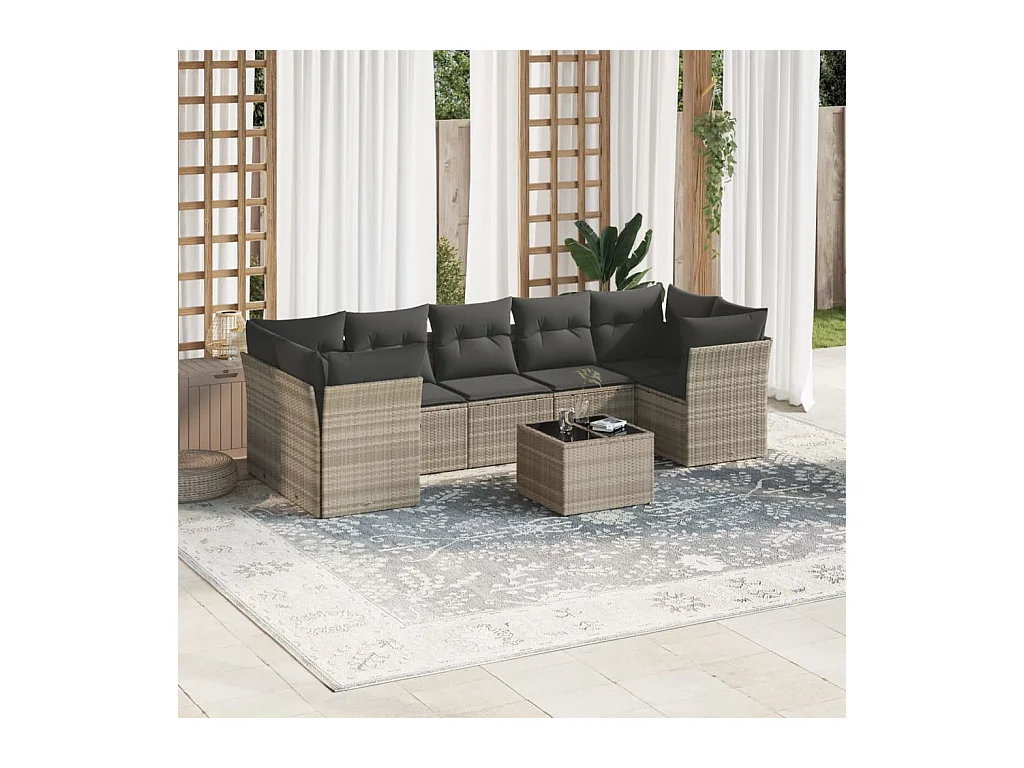 8 pcs conj. sofás jardim c/ almofadões vime PE cinzento-claro