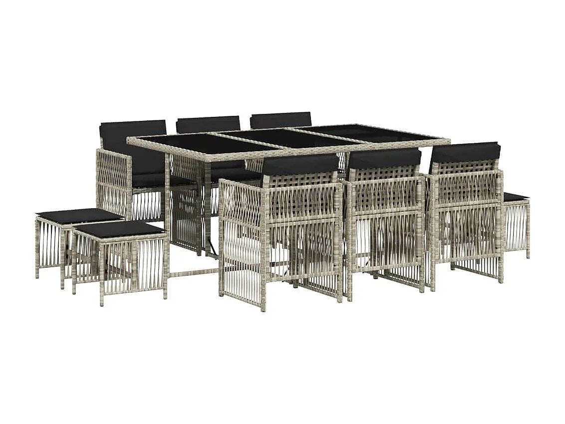 11-tlg. Garten-Essgruppe mit Kissen Hellgrau Poly Rattan