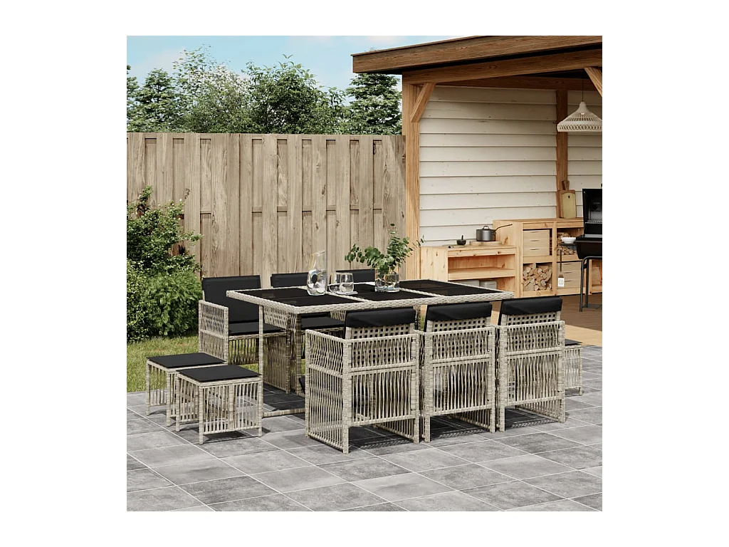 Ensemble à manger de jardin 11pcs avec coussins gris poly rotin