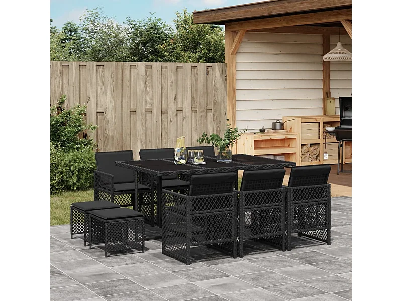 11 pcs conjunto de jantar p/ jardim c/ almofadões vime PE preto