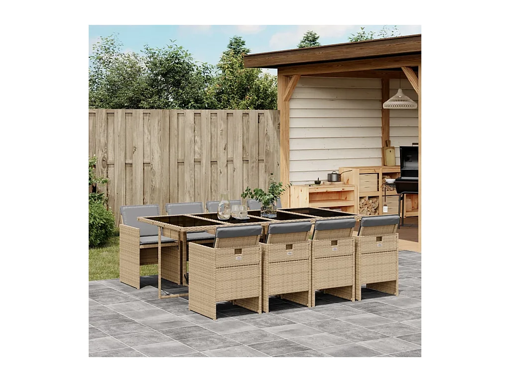 Ensemble à manger de jardin et coussins 9 pcs mélange beige
