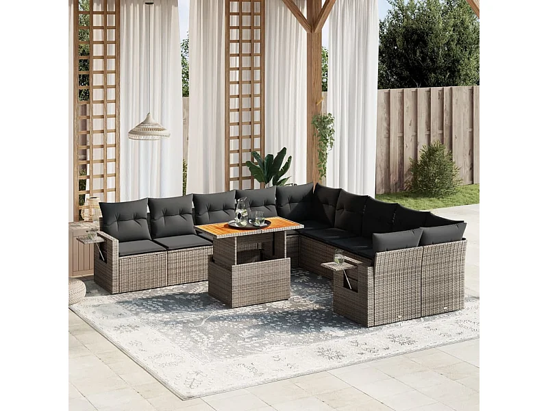 Set Divani da Giardino 11 pz con Cuscini in Polyrattan Grigio