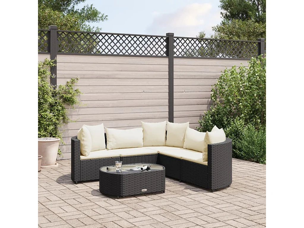 Salon de jardin 6 pcs avec coussins noir résine tressée