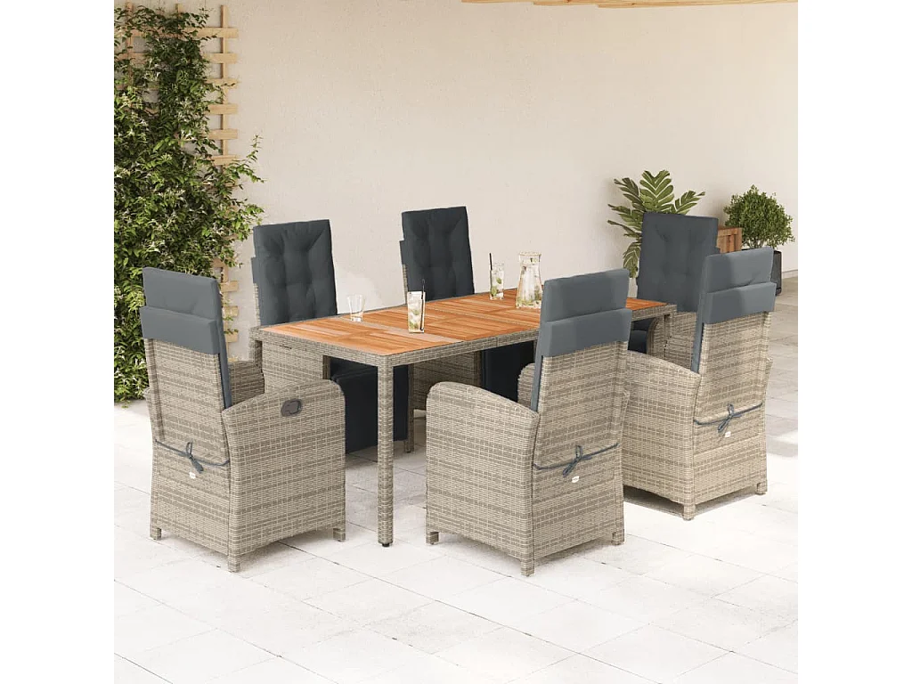 Set da Pranzo da Giardino 7 pz con Cuscini in Polyrattan Grigio