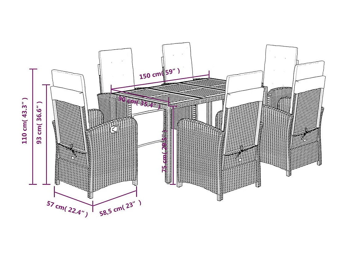 Set da Pranzo da Giardino 7 pz con Cuscini in Polyrattan Grigio