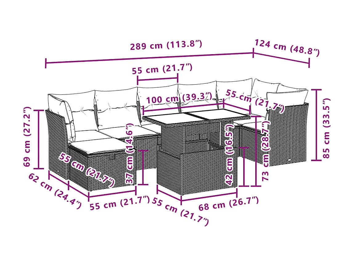 Salon de jardin 8 pcs avec coussins marron résine tressée