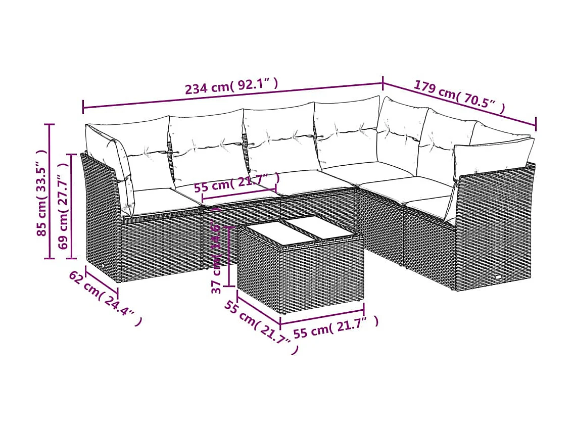 Set Divani da Giardino 7pz con Cuscini Grigio Chiaro Polyrattan