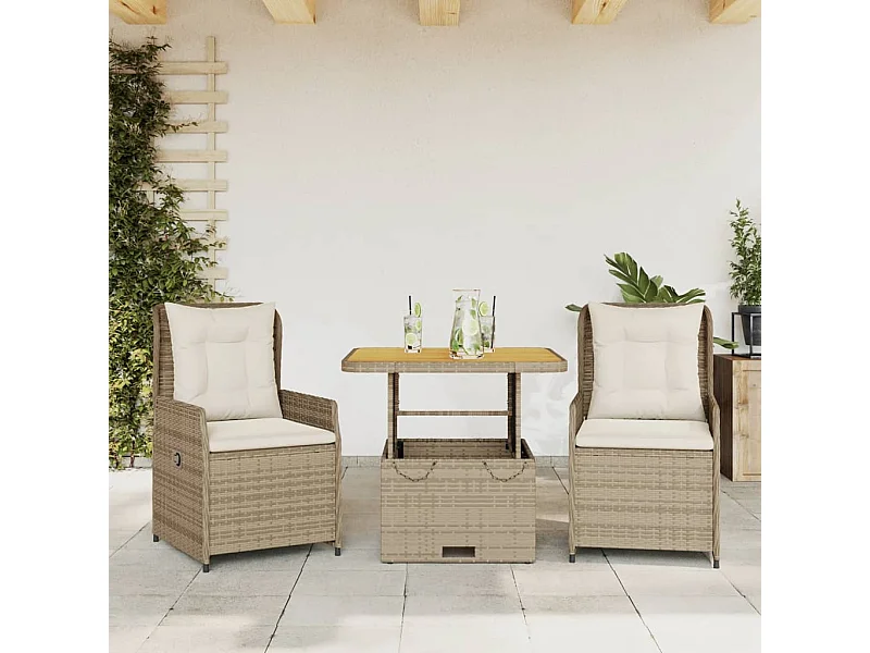 Ensemble de bistro 3 pcs avec coussins beige résine tressée