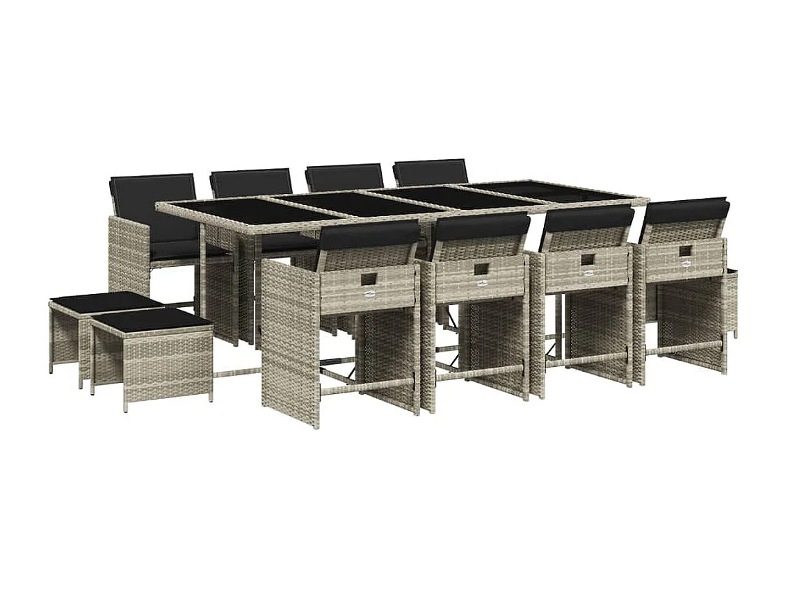 Set da Pranzo da Giardino 13pz con Cuscini Grigio in Polyrattan