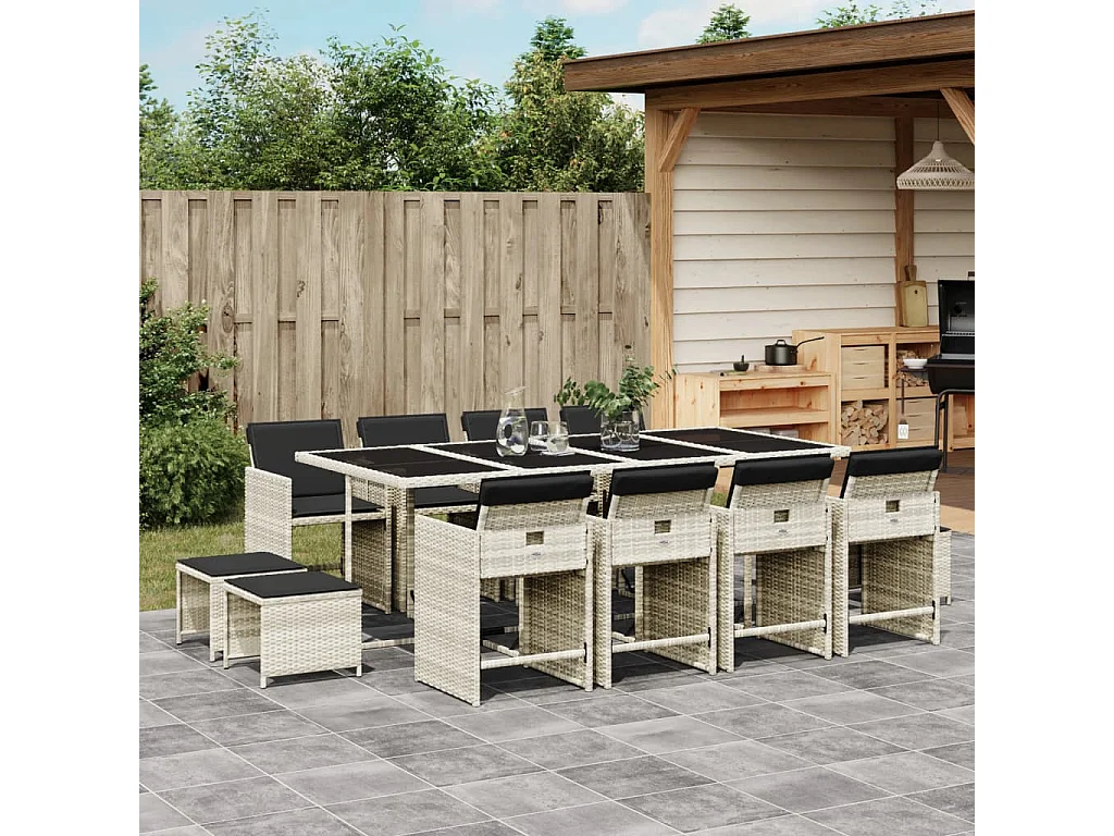 Set da Pranzo da Giardino 13pz con Cuscini Grigio in Polyrattan