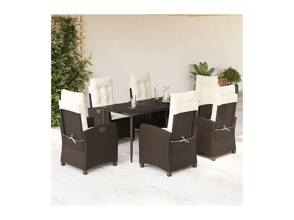 Set da Pranzo da Giardino 7pz con Cuscini in Polyrattan Marrone