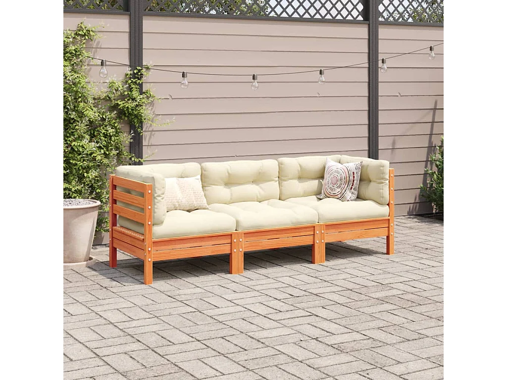 3 pcs conj. sofás jardim almofadões pinho maciço castanho cera