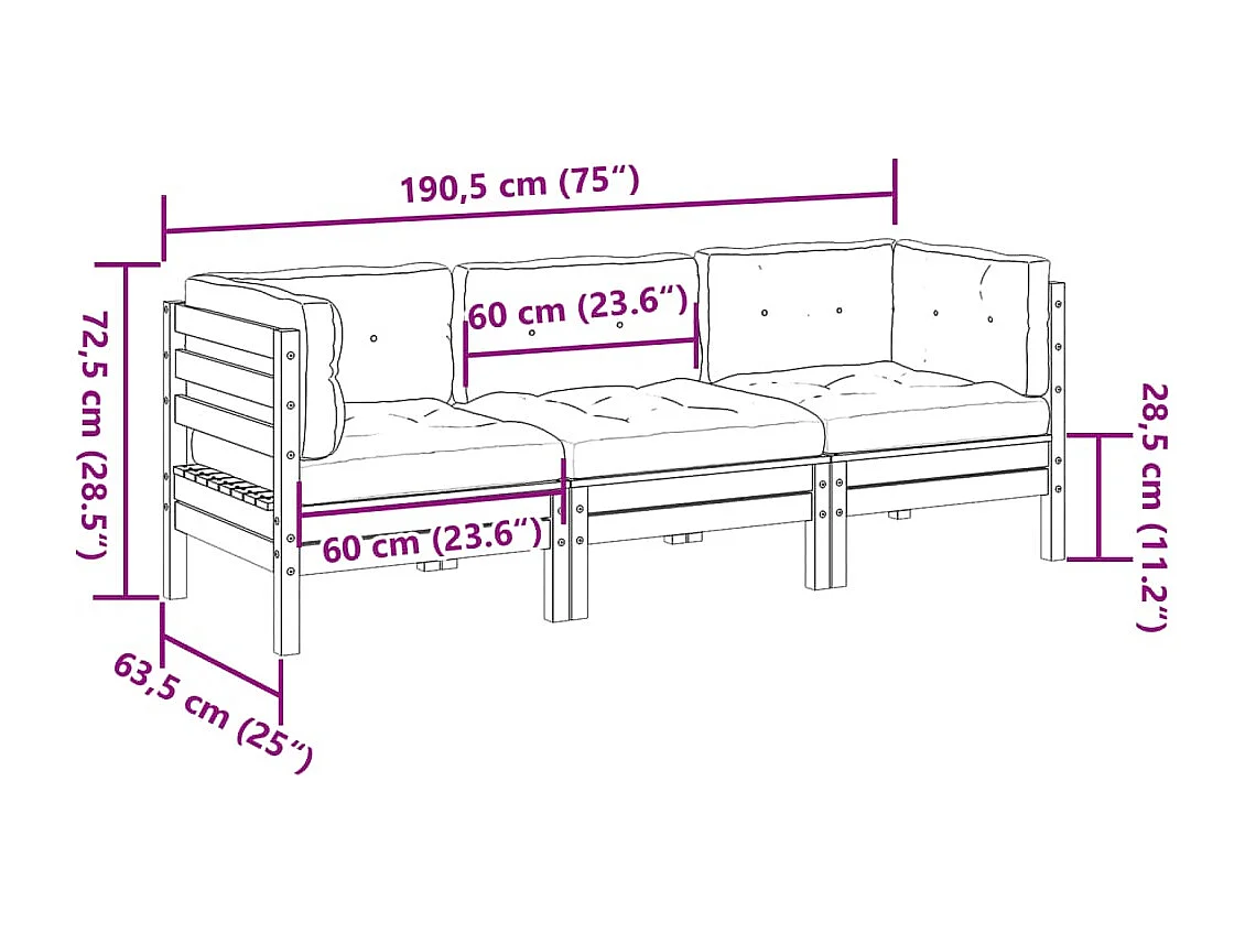 Salon de jardin 3 pcs avec coussins cire marron bois pin massif