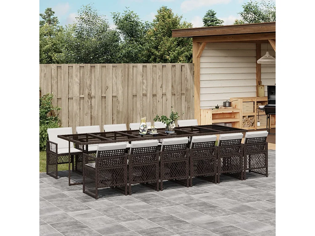 Set da Pranzo da Giardino 13pz con Cuscini Marrone Polyrattan