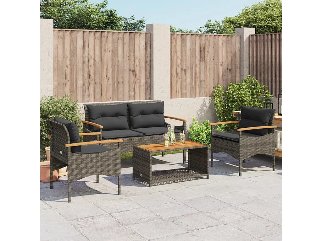 Salon de jardin 4 pcs avec coussins gris résine tressée