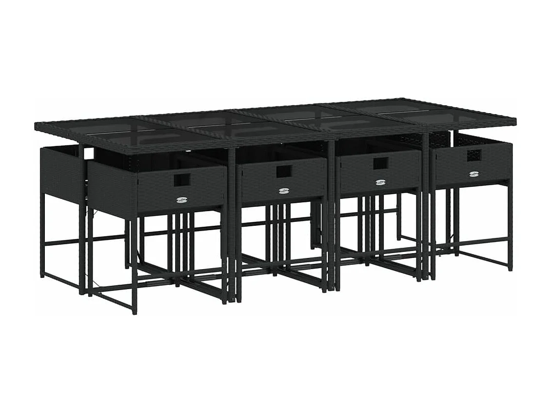 9 pcs conjunto de jantar p/ jardim c/ almofadões vime PE preto