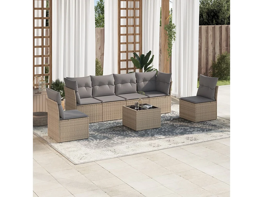 7-delige Loungeset met kussens poly rattan beige