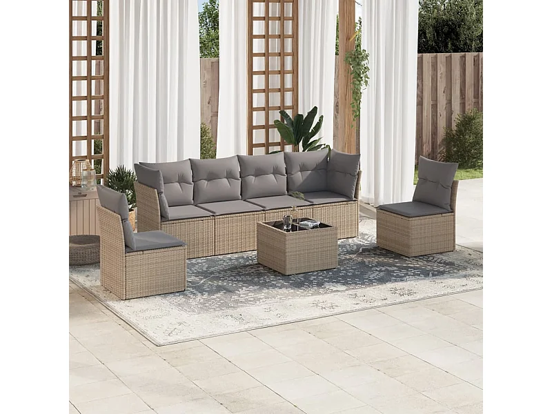 Set Divani da Giardino 7 pz con Cuscini Beige in Polyrattan