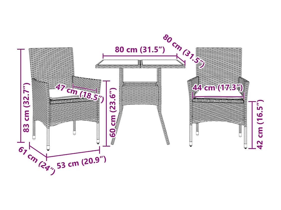Set da Pranzo da Giardino 3pz con Cuscini in Polyrattan e Vetro