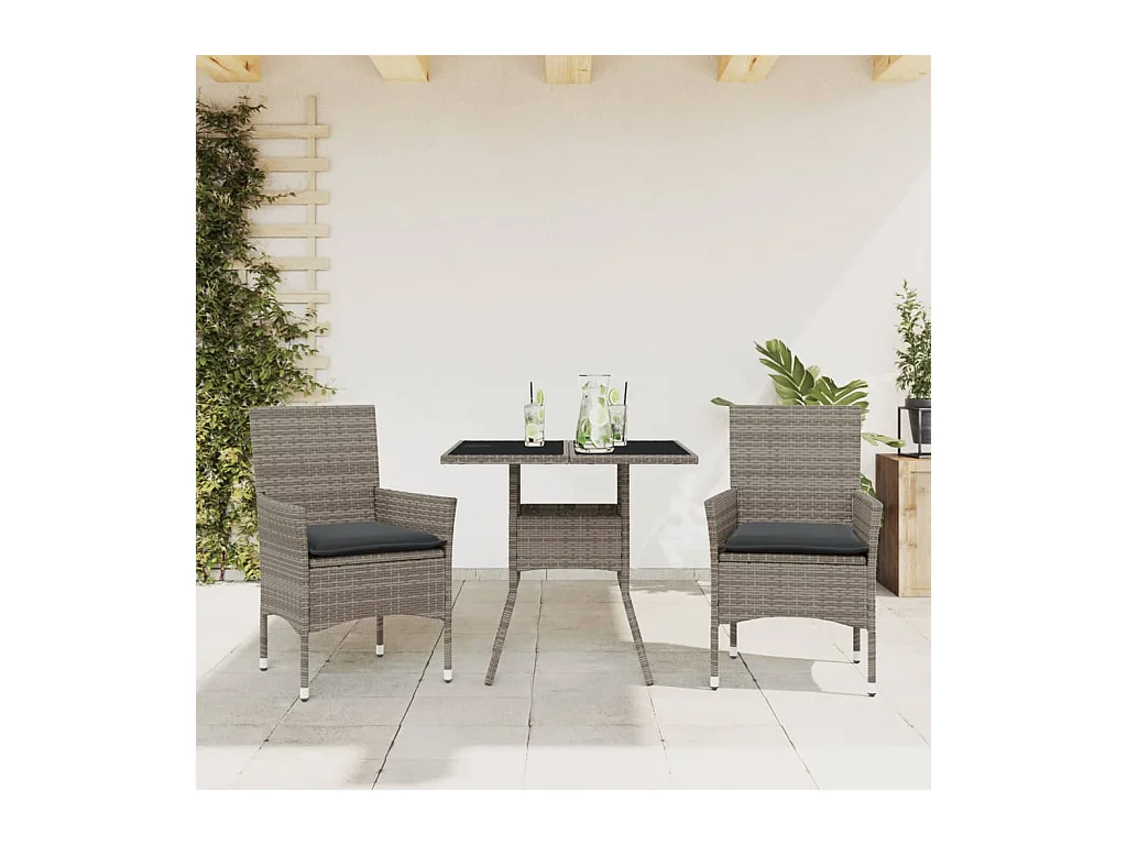 Ensemble à manger de jardin et coussins 3 pcs gris rotin verre