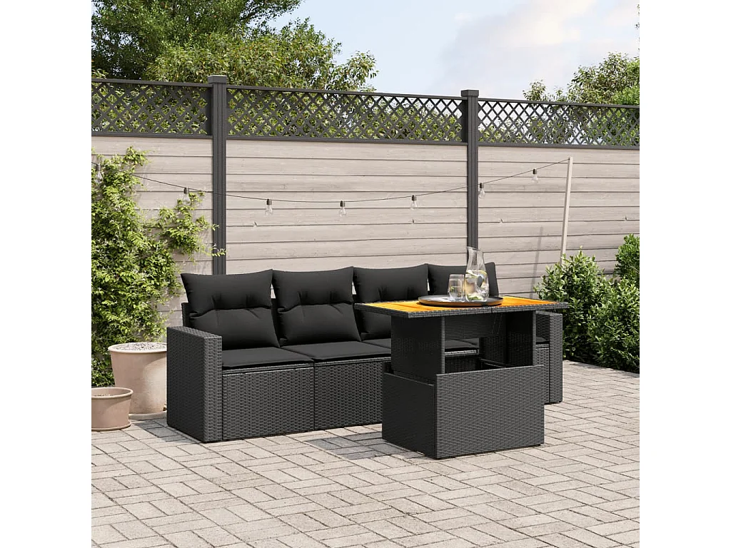 Salon de jardin 5 pcs avec coussins noir résine tressée