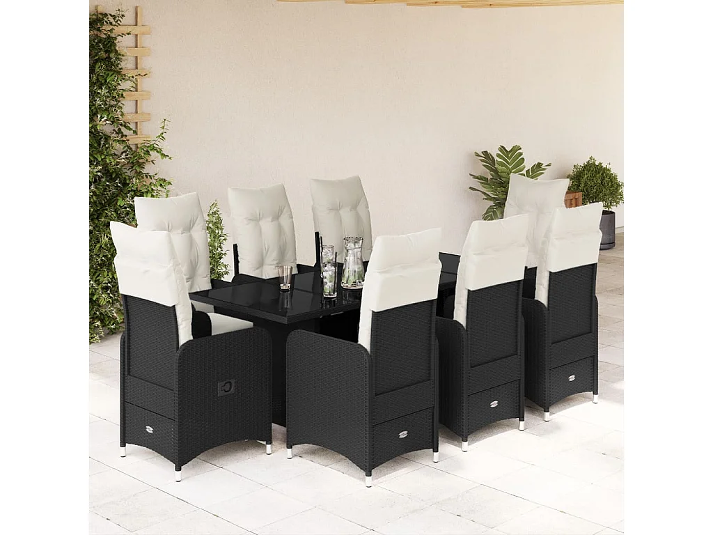 Ensemble de bistro de jardin 9 pcs coussins noir poly rotin