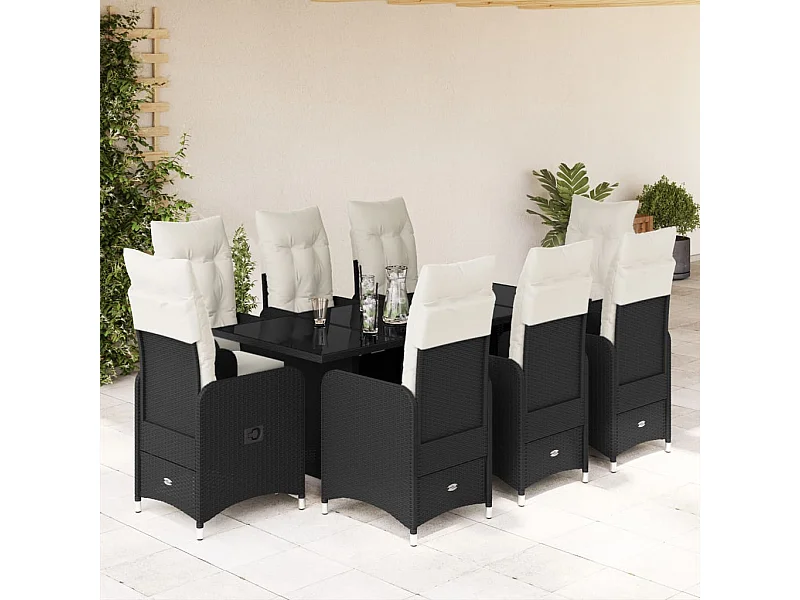 Set de mesa y sillas de jardín 9 pzas y cojines ratán PE negro