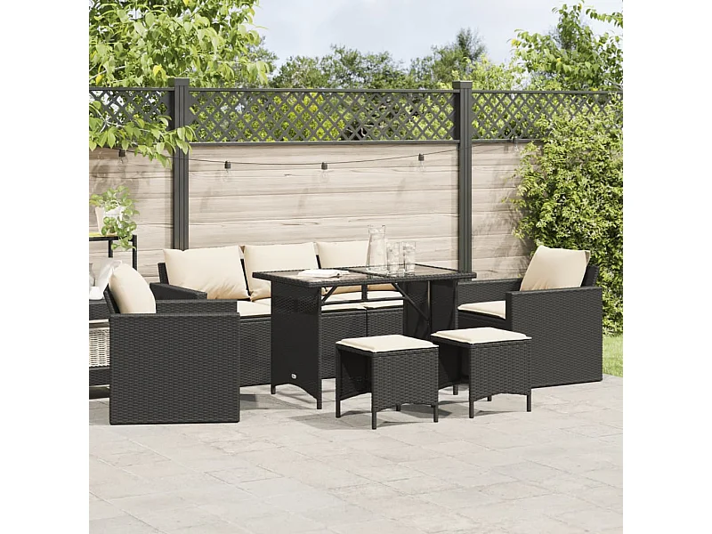 Salon de jardin 6 pcs avec coussins noir résine tressée