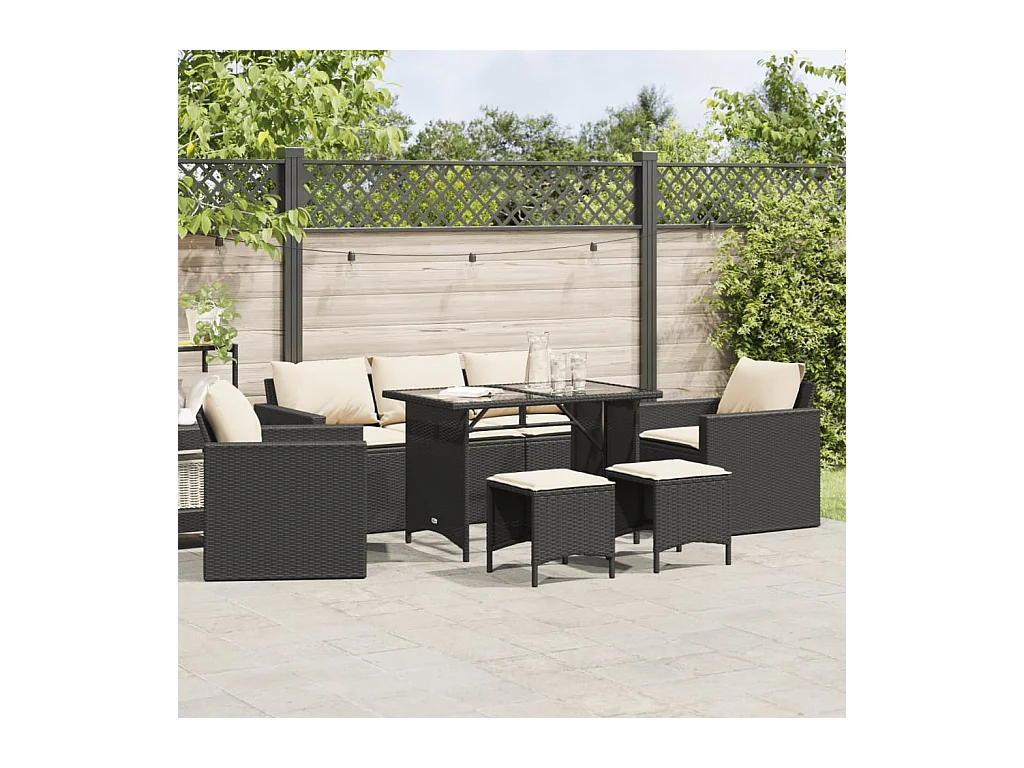 Set de sofás de jardín 6 piezas y cojines ratán sintético negro
