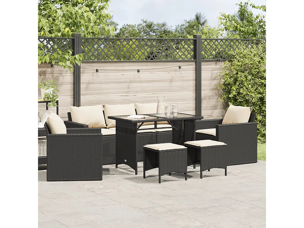 Salon de jardin 6 pcs avec coussins noir résine tressée