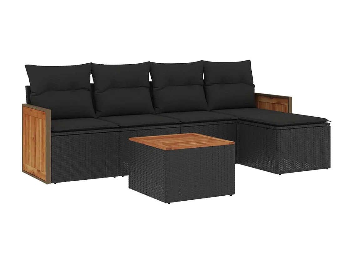 6-delige Loungeset met kussens poly rattan zwart