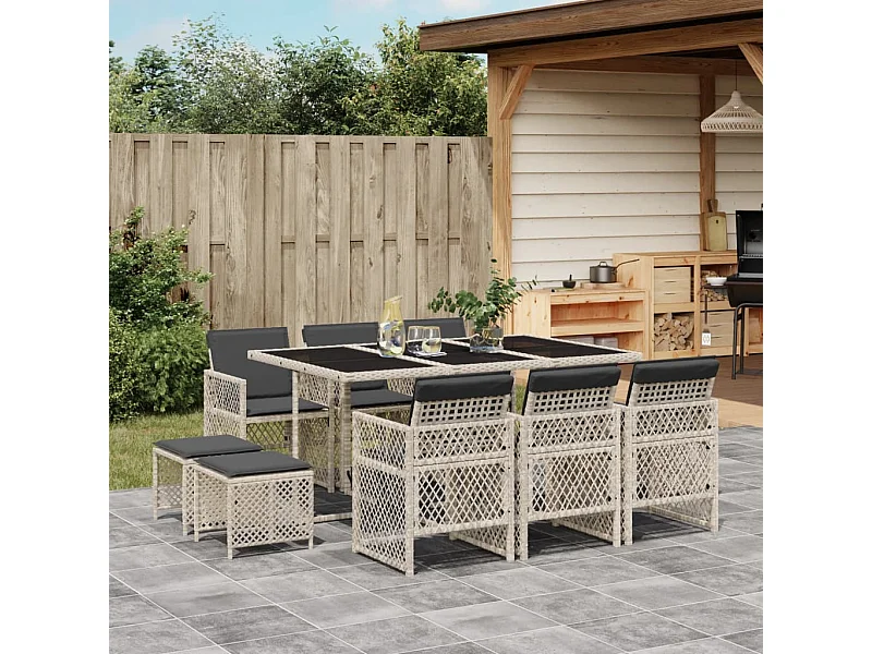 11-tlg. Garten-Essgruppe mit Kissen Hellgrau Poly Rattan